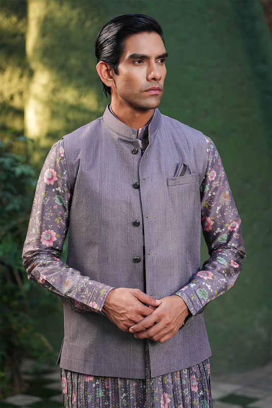 Purple Mughal Embroidered Bandi & Pleated Kurta Set