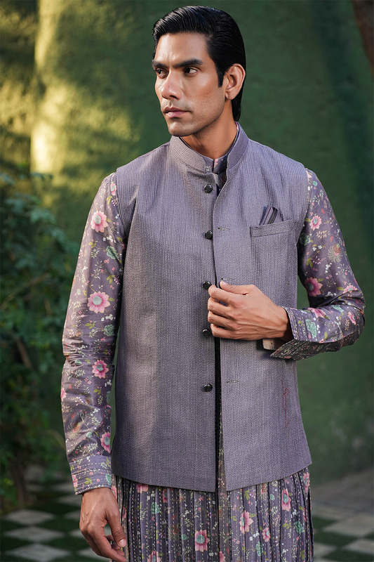 Purple Mughal Embroidered Bandi & Pleated Kurta Set