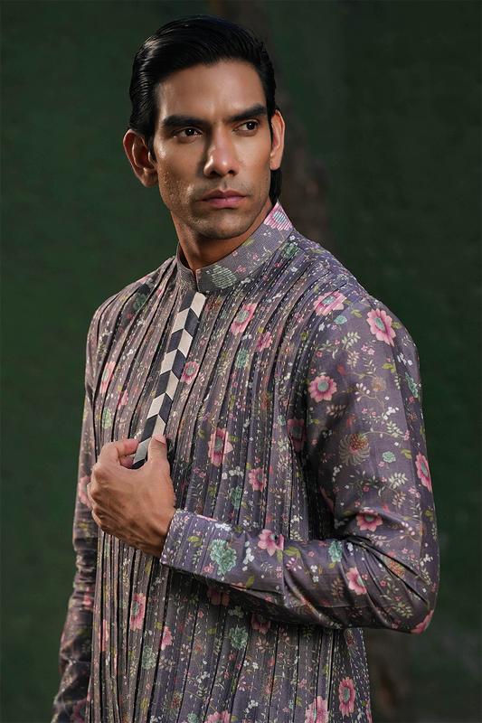 Purple Mughal Pleated Embroidered Kurta Set