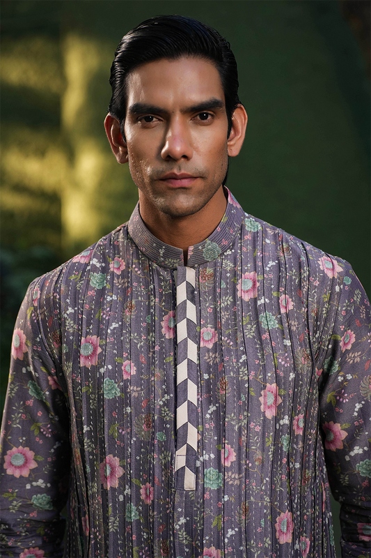 Purple Mughal Pleated Embroidered Kurta Set