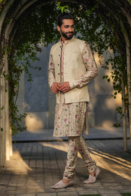 Ivory Mughal Embroidered Bandi & Pleated Kurta Set