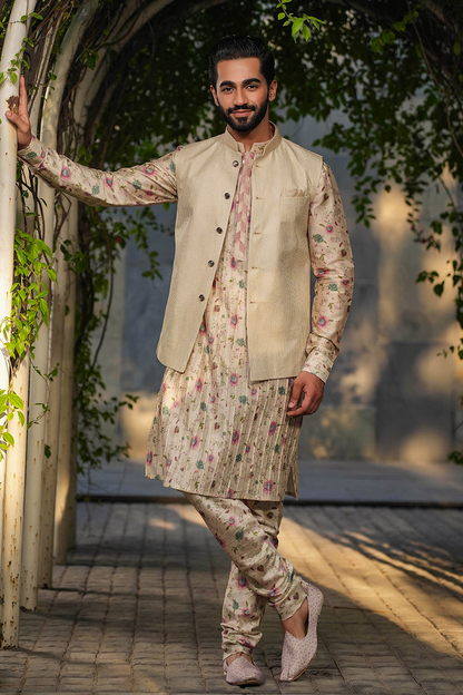 Ivory Mughal Embroidered Bandi & Pleated Kurta Set