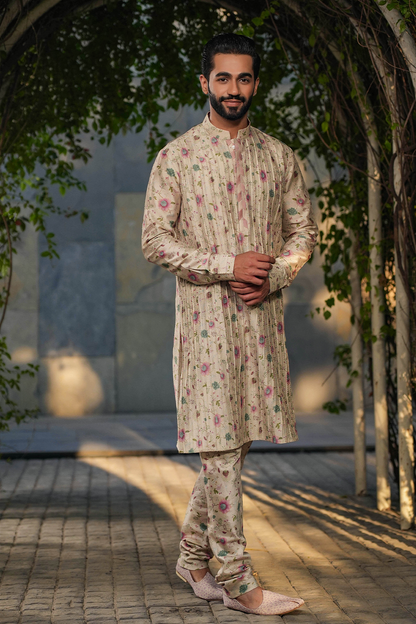 Ivory Mughal Embroidered Bandi & Pleated Kurta Set