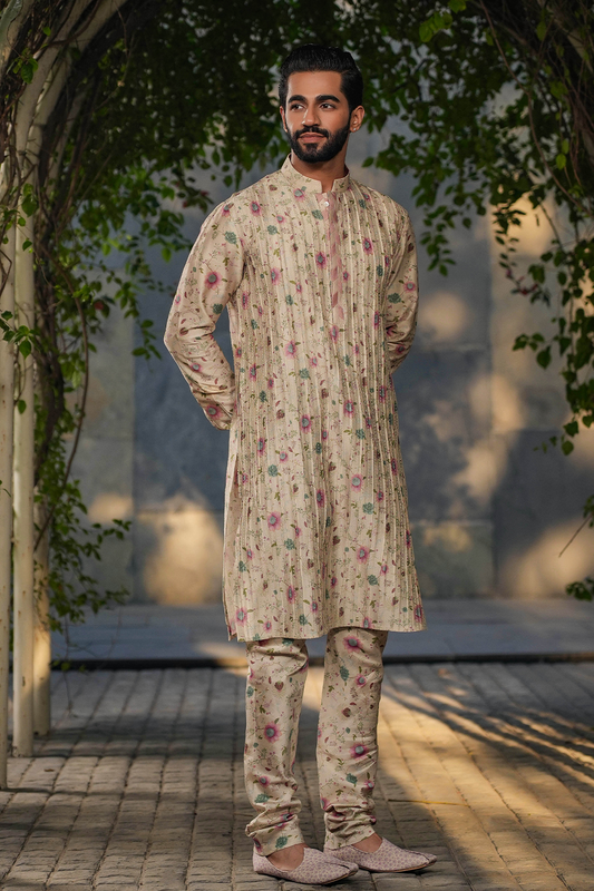 Ivory Mughal Pleated Embroidered Kurta Set