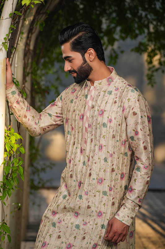 Ivory Mughal Pleated Embroidered Kurta Set