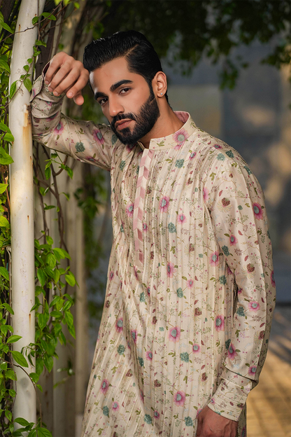 Ivory Mughal Embroidered Bandi & Pleated Kurta Set