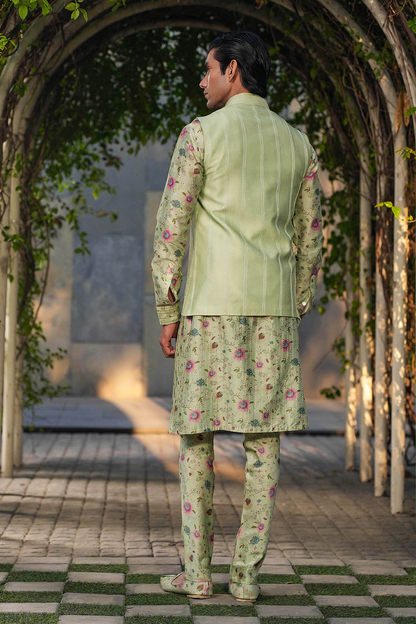 Mint Green Mughal Embroidered Bandi & Pleated Kurta Set