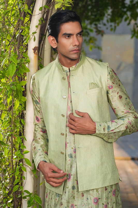 Mint Green Mughal Embroidered Bandi & Pleated Kurta Set