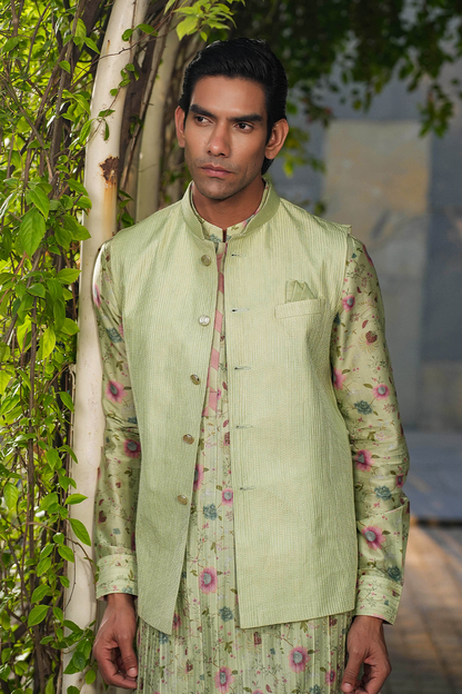 Mint Green Mughal Embroidered Bandi & Pleated Kurta Set
