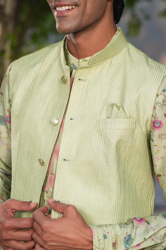 Mint Green Mughal Embroidered Bandi & Pleated Kurta Set