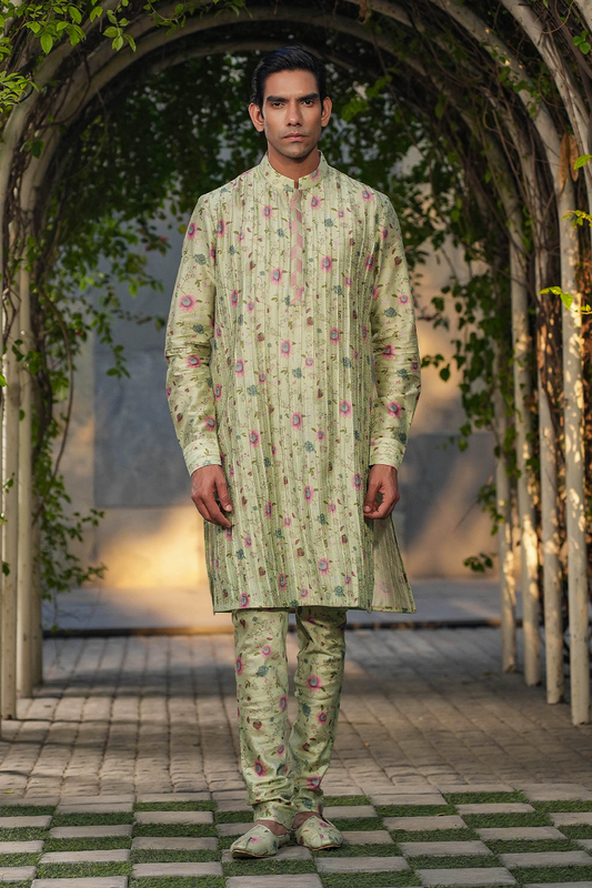 Mint Green Mughal Embroidered Bandi & Pleated Kurta Set