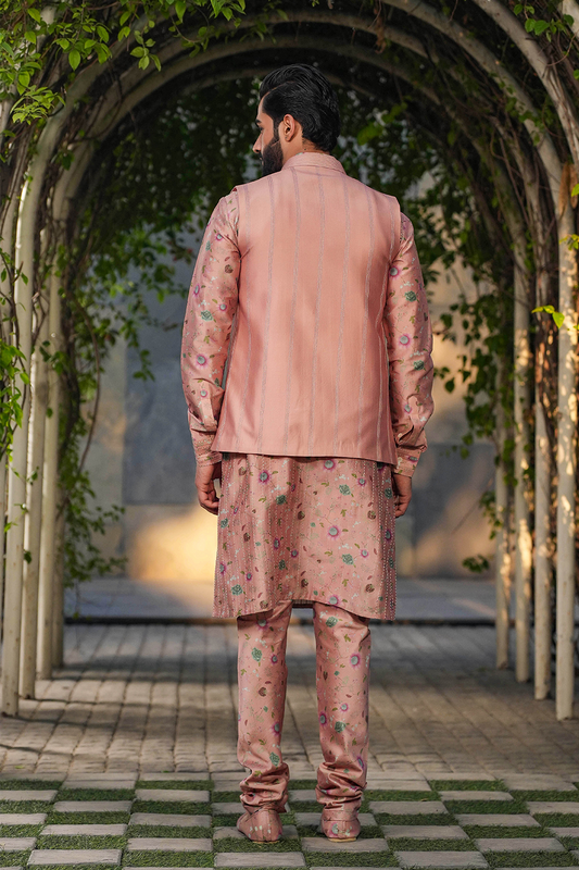 Blush Pink Mughal Embroidered Bandi & Pleated Kurta Set