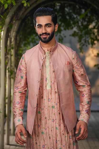 Blush Pink Mughal Embroidered Bandi & Pleated Kurta Set