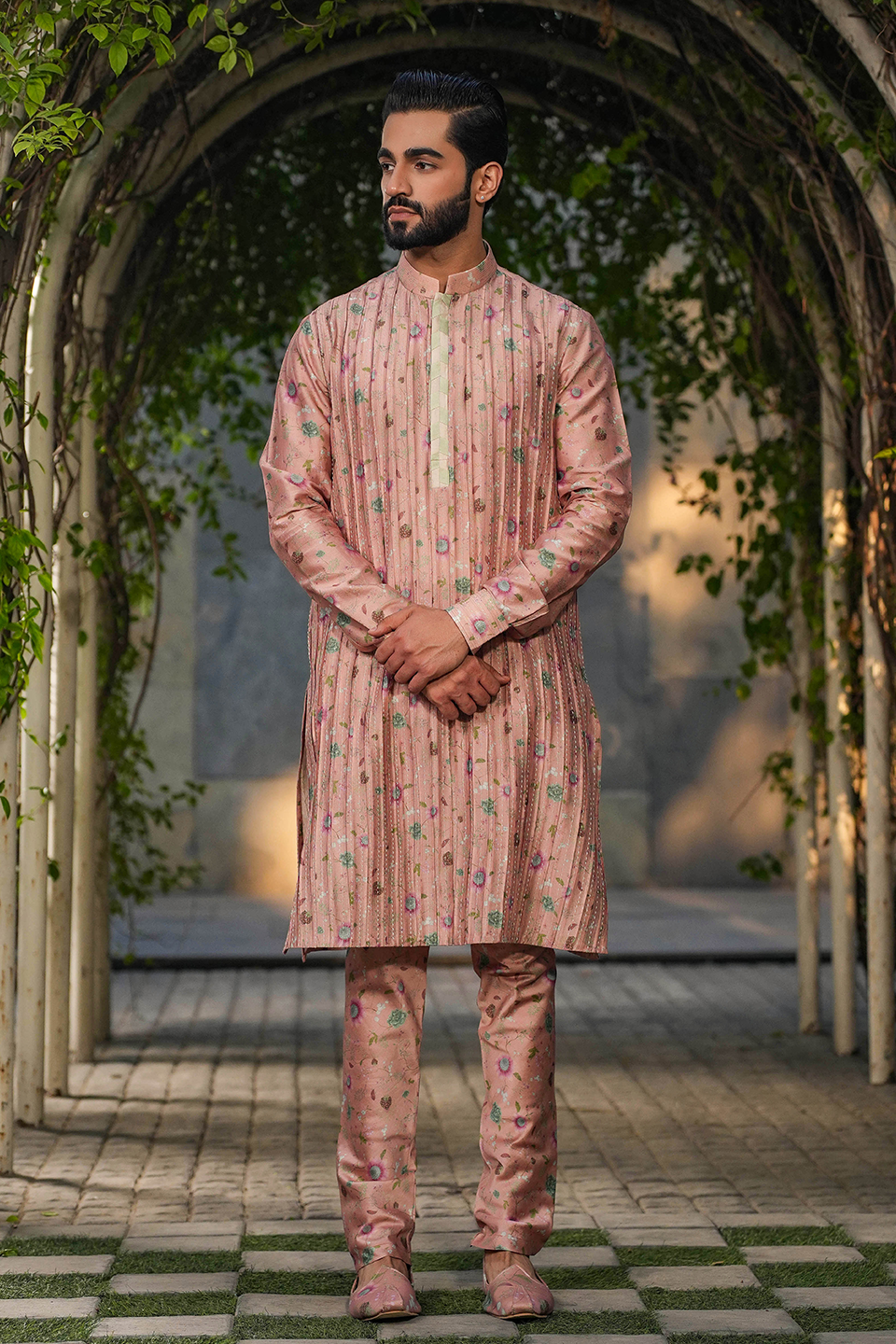 Blush Pink Mughal Pleated Embroidered Kurta Set