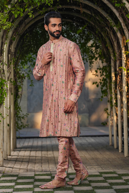 Blush Pink Mughal Embroidered Bandi & Pleated Kurta Set