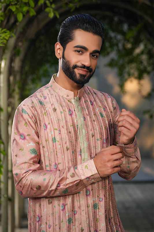 Blush Pink Mughal Embroidered Bandi & Pleated Kurta Set