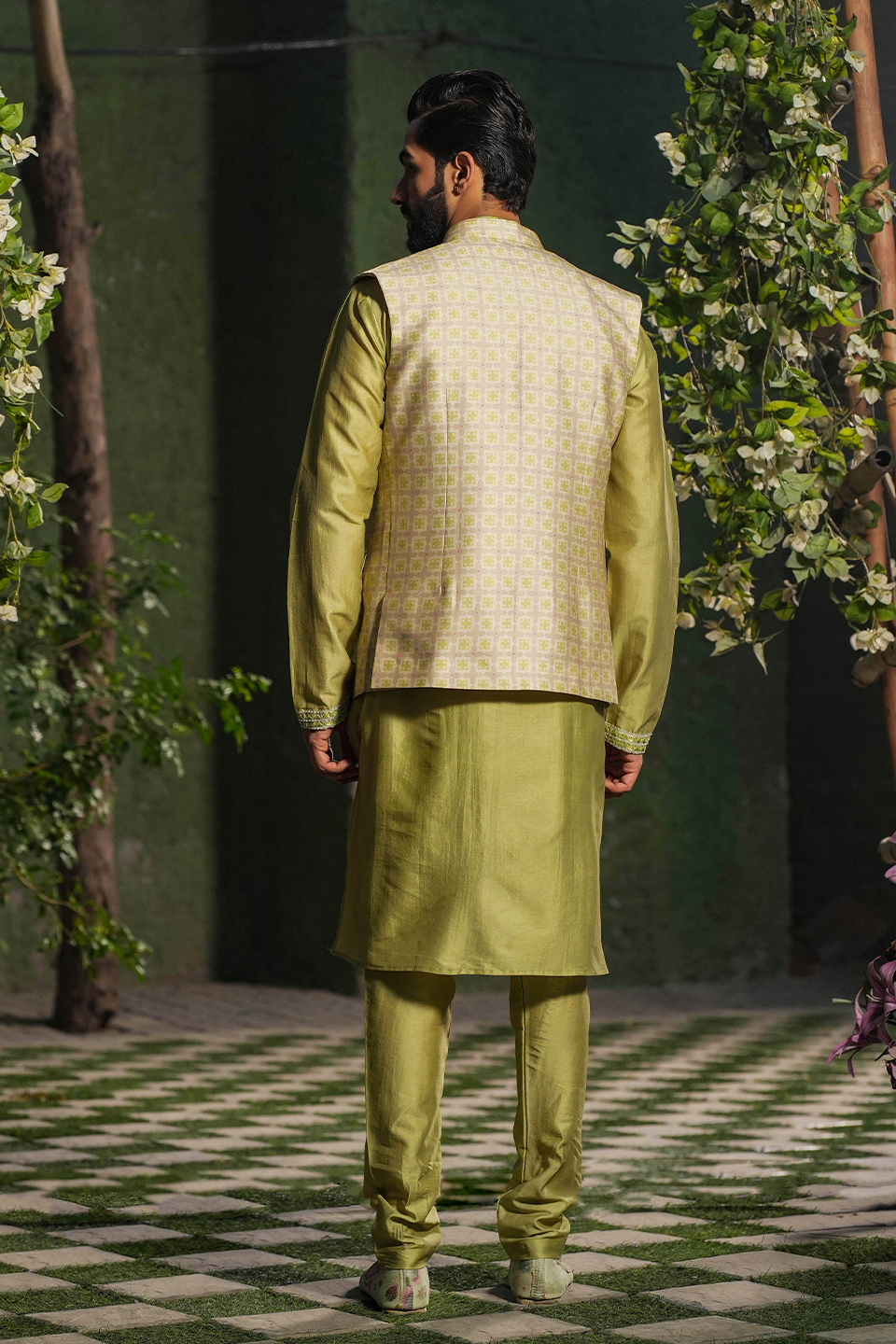 Sap Green Mughal Printed Bandi & Embroidered Kurta Set