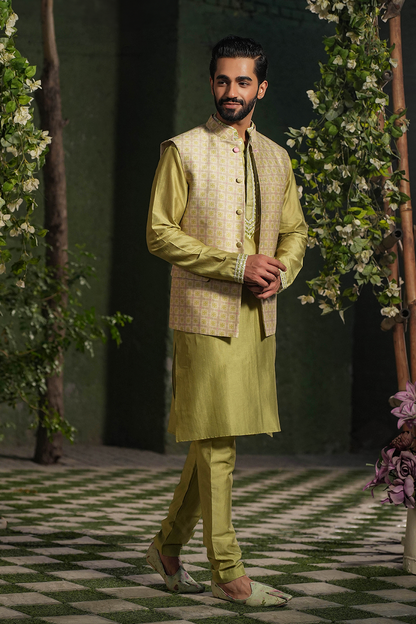 Sap Green Mughal Printed Bandi & Embroidered Kurta Set