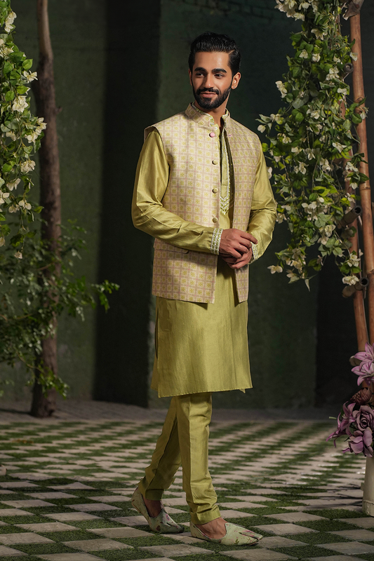 Sap Green Mughal Embroidered Kurta Set