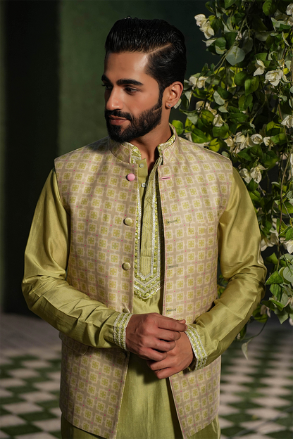 Sap Green Mughal Printed Bandi & Embroidered Kurta Set