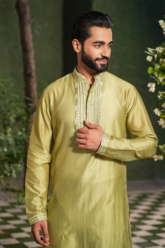 Sap Green Mughal Embroidered Kurta Set
