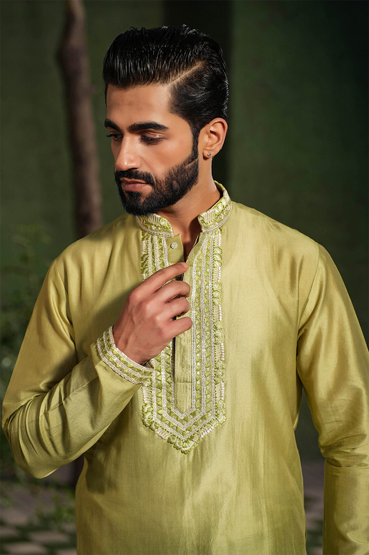 Sap Green Mughal Embroidered Kurta Set