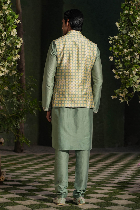 Turquoise Mughal Printed Bandi & Embroidered Kurta Set
