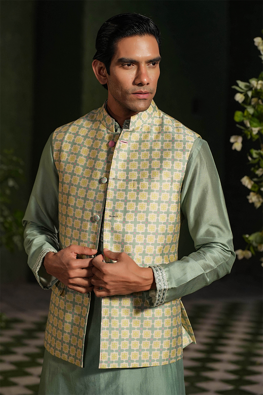 Turquoise Mughal Printed Bandi & Embroidered Kurta Set