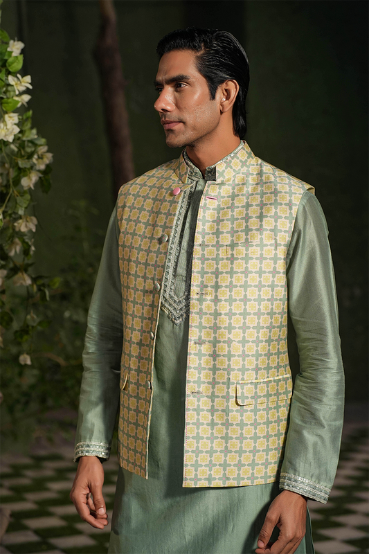 Turquoise Mughal Printed Bandi & Embroidered Kurta Set