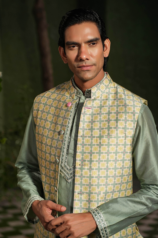 Turquoise Mughal Printed Bandi