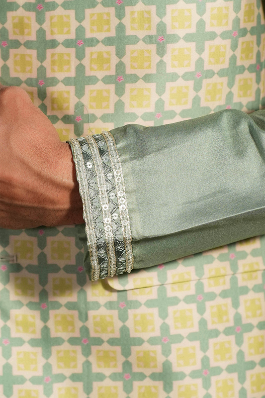 Turquoise Mughal Printed Bandi & Embroidered Kurta Set
