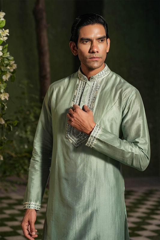 Turquoise Mughal Embroidered Kurta Set