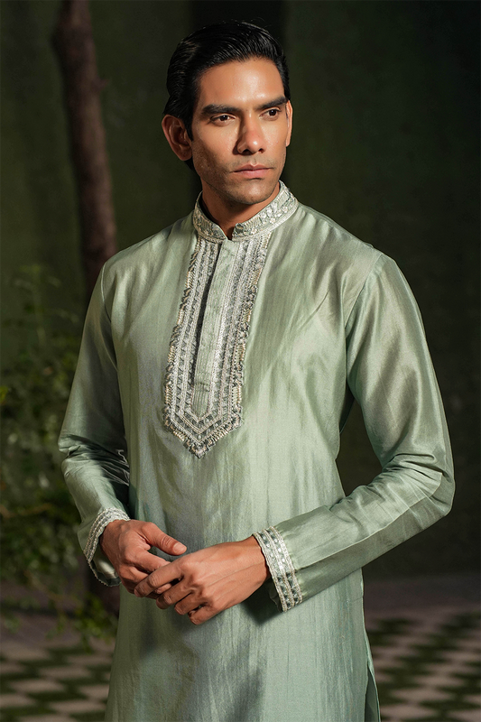 Turquoise Mughal Embroidered Kurta Set