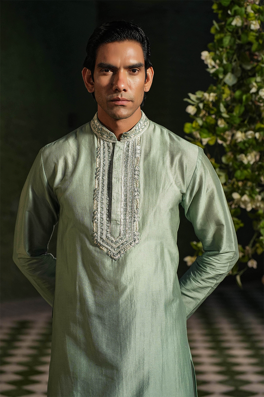 Turquoise Mughal Embroidered Kurta Set