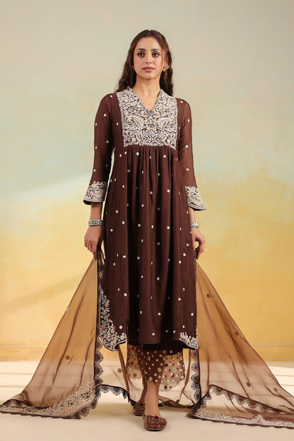 Brown Dori Paisley Frock Style Kurta Set
