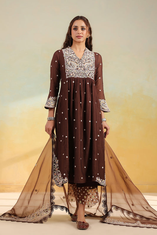 Brown Dori Paisley Frock Style Kurta Set