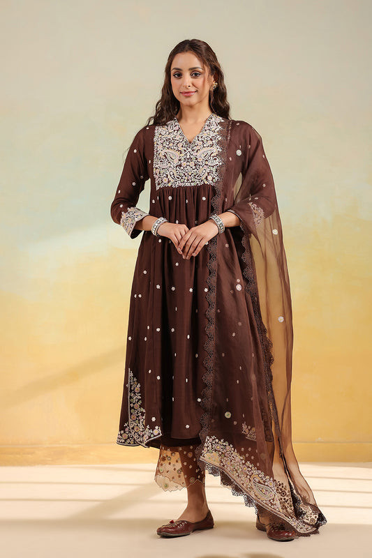 Brown Dori Paisley Frock Style Kurta Set