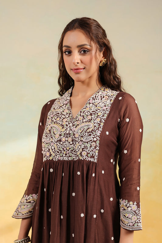 Brown Dori Paisley Frock Style Kurta Set