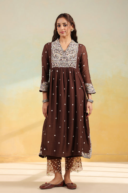 Brown Dori Paisley Frock Style Kurta Set