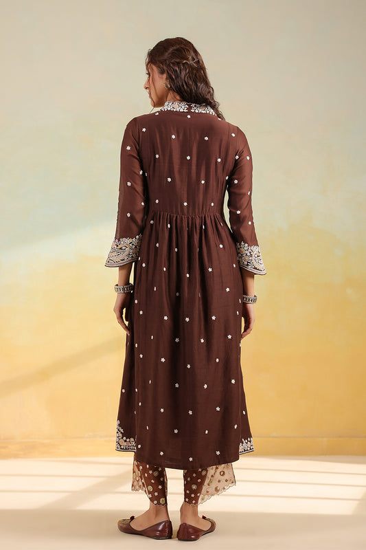 Brown Dori Paisley Frock Style Kurta Set