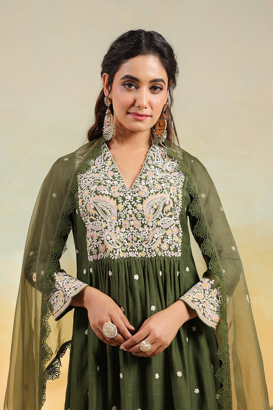 Olive Green Dori Paisley Frock Style Kurta Set
