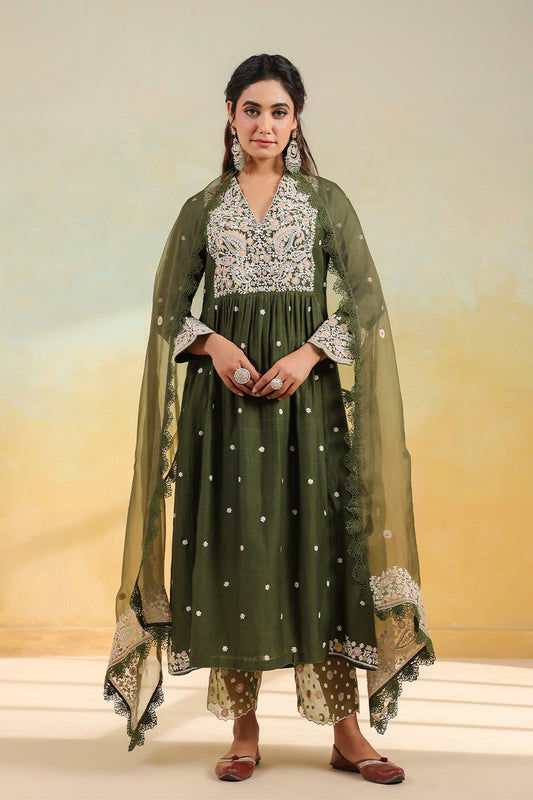 Olive Green Dori Paisley Frock Style Kurta Set
