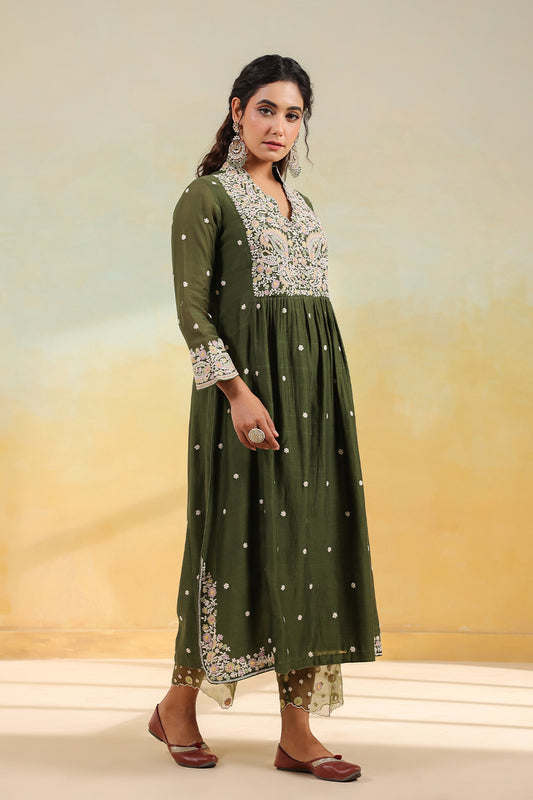 Olive Green Dori Paisley Frock Style Kurta Set