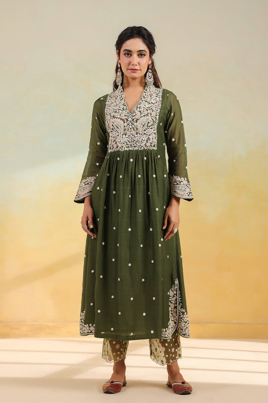 Olive Green Dori Paisley Frock Style Kurta Set