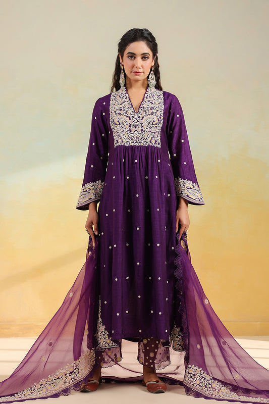 Purple Dori Paisley Frock Style Kurta Set