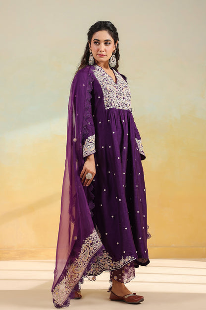 Purple Dori Paisley Frock Style Kurta Set