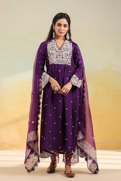 Purple Dori Paisley Frock Style Kurta Set