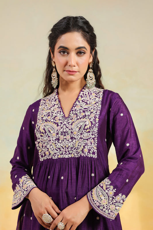 Purple Dori Paisley Frock Style Kurta Set