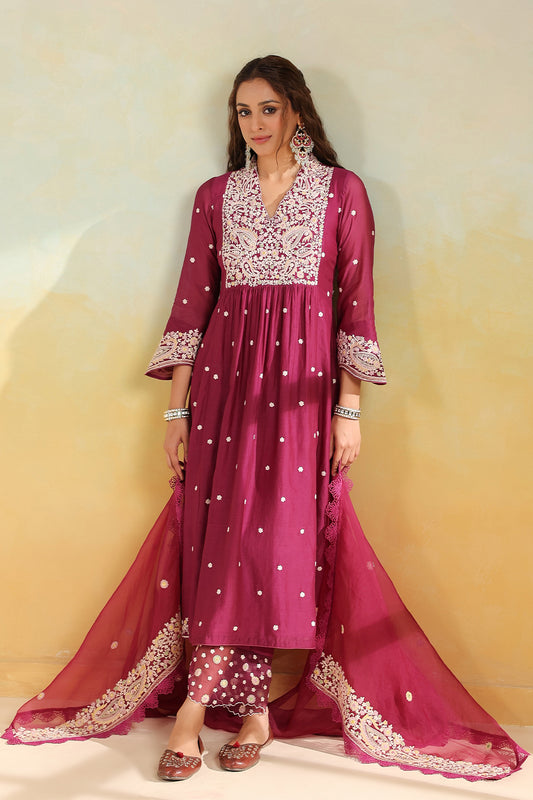 Wine Dori Paisley Frock Style Kurta Set