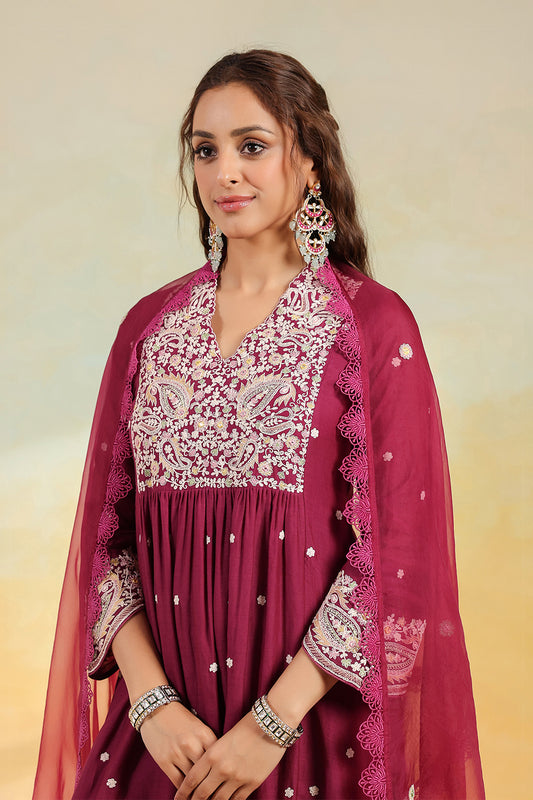 Wine Dori Paisley Frock Style Kurta Set